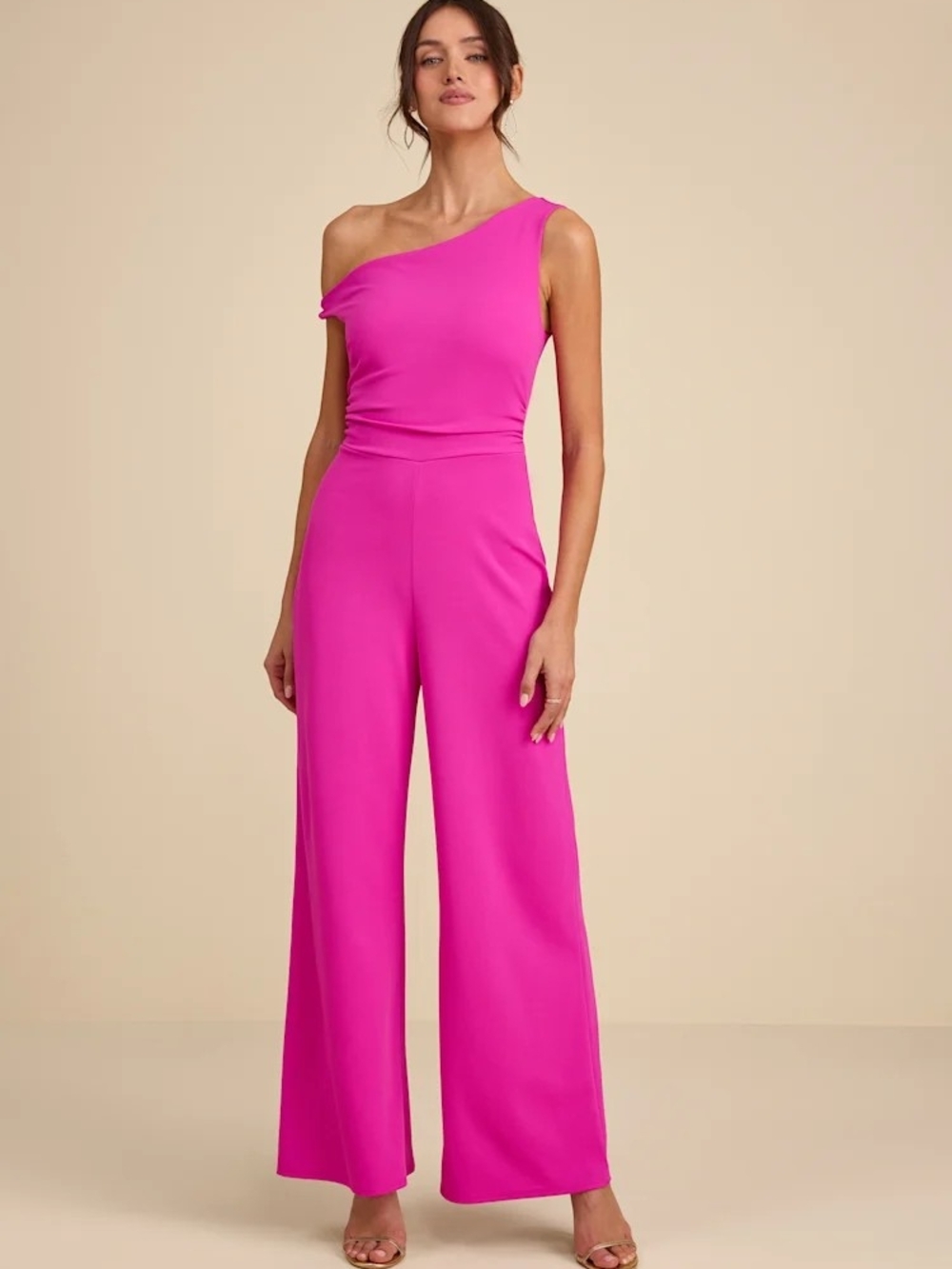 Lulu's Lawny Magenta Pink Twisted One-Shoulder Jumpsuit, Medium + New with Tags